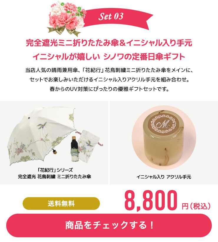 完全遮光 花鳥刺繍ミニ折りたたみ日傘＆イニシャル入り手元セット