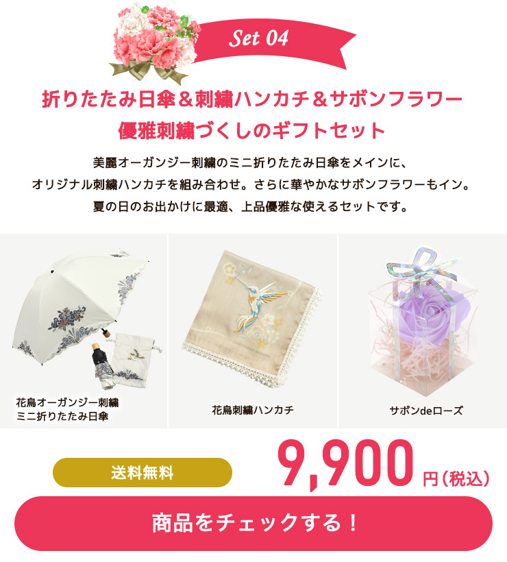 完全遮光 花鳥刺繍ミニ折りたたみ日傘＆イニシャル入り手元セット