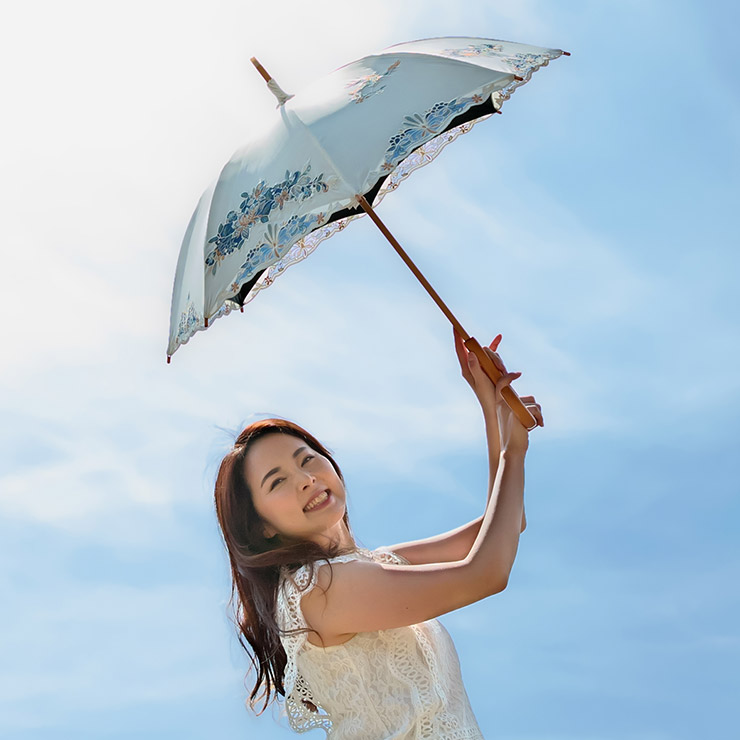 完全遮光 日傘 晴雨兼用日傘 かわず張り オーガンジー カットワーク刺繍